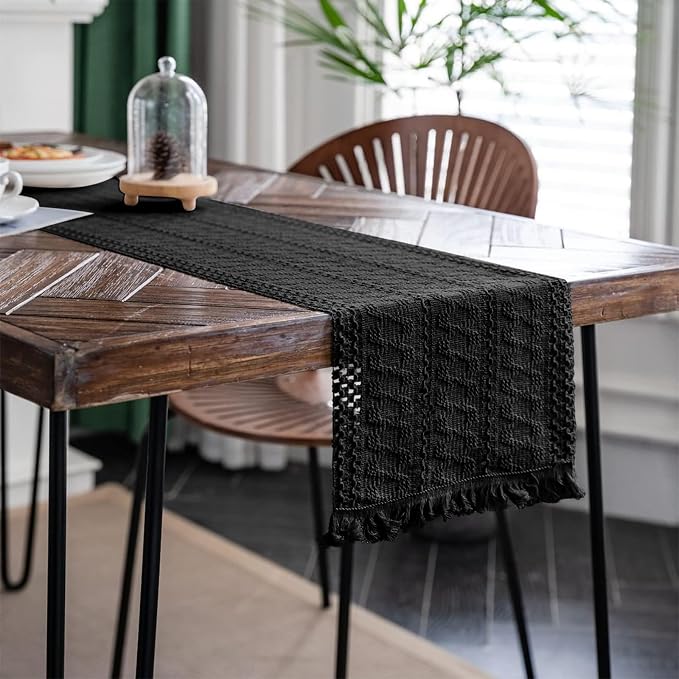 Macrame Table Runner Pure Black Boho Table Runners with Tassels 12x60in | Alynsehom Hand Woven Cotton Table Runner Rustic Farmhouse Table Runners for Bohemian Kitchen Dining Table