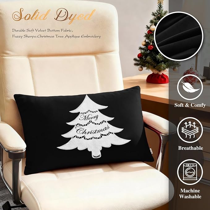 BRAWARM Christmas Pillow Cover 12 X 20 Inches, Black Christmas Tree Embroidered Lumbar Pillow Cover, Soft Velvet Decorative Throw Pillow for Couch Bed Sofa Living Room Home