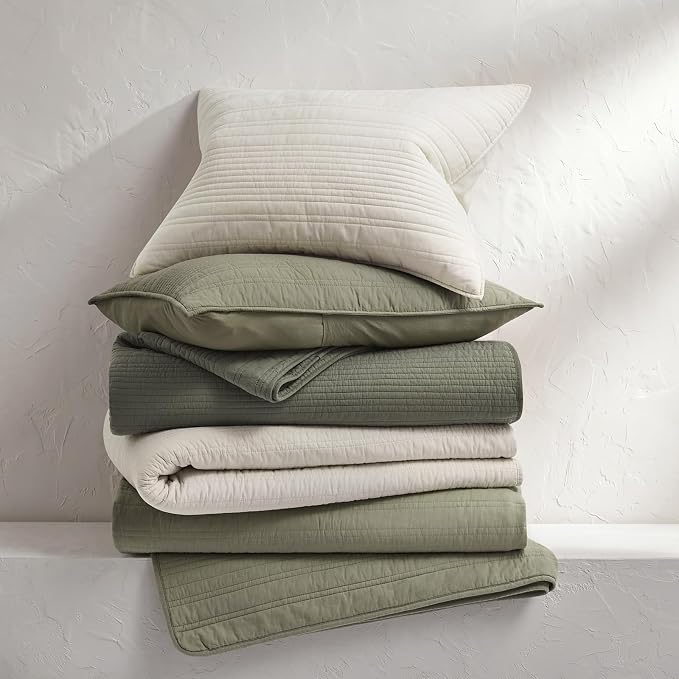 EVERGRACEHOME 100% Cotton Modern Lines Quilt Set King Size, Light Sage | Pre-Washed Soft Cotton, Striped Coverlet Bedspread, 3 Piece Lightweight Bedding Set for All Season, with 2 Pillow Shams