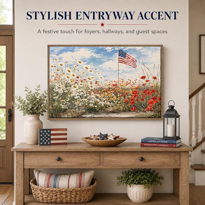 American Flag Framed Canvas Wall Art, 4th of July Patriotic Canvas Prints | Wildflower Landscape Poster Print, Vintage Rustic Independence Day Wall Decor for Bedroom Living Room Office 12×16in