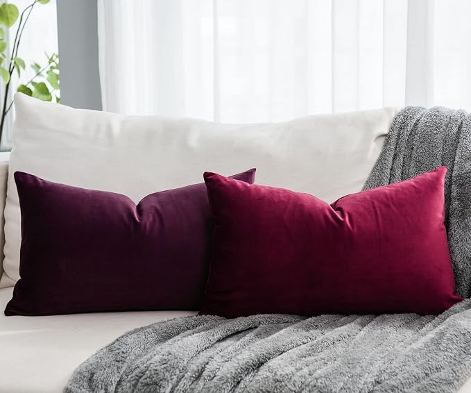 Eggplant Purple Decorative Lumbar Velvet Throw Pillow Covers 12x20 inch Set of 2 with Zipper Luxury Soft Solid Rectangle Cushion Covers Case for Sofa Couch Bed Living Room