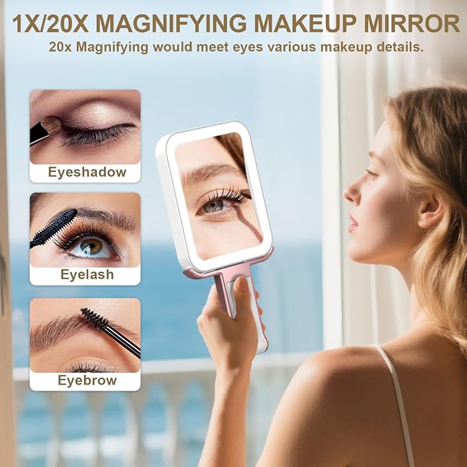 Mocado Travel Makeup Mirror with Light, 1x/10x Magnifying Mirror With Light, 3 Colors Lighted Magnifying Mirror, 2000mAh Rechargeable Lighted Makeup Mirror, Dimmable Touch, Memory Function (Rose Gold) | Double Sided Travel Mirror with 3 Color Light,Dim...