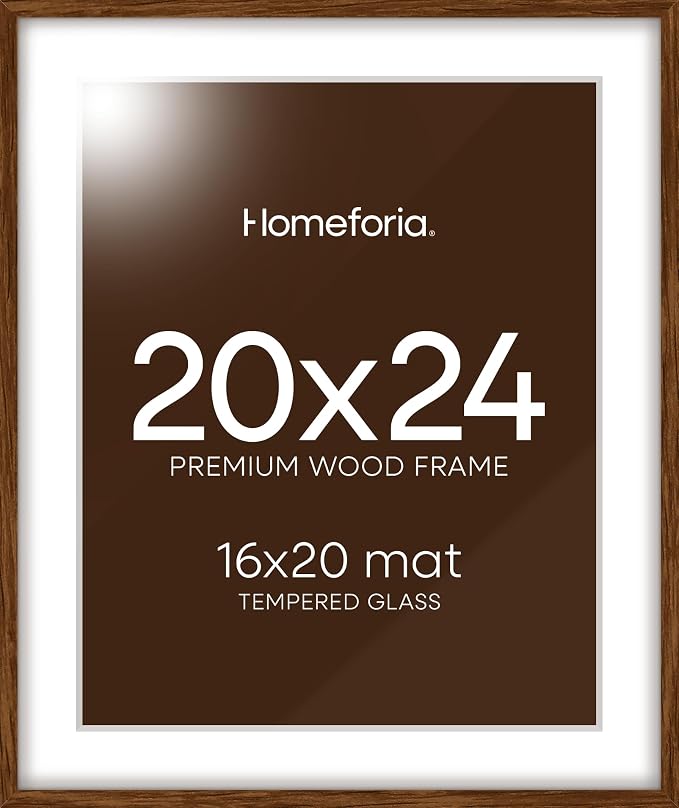 Homeforia 20x24 Brown Oak Picture Frame, High-End Wood, 16x20 Mat, Glass