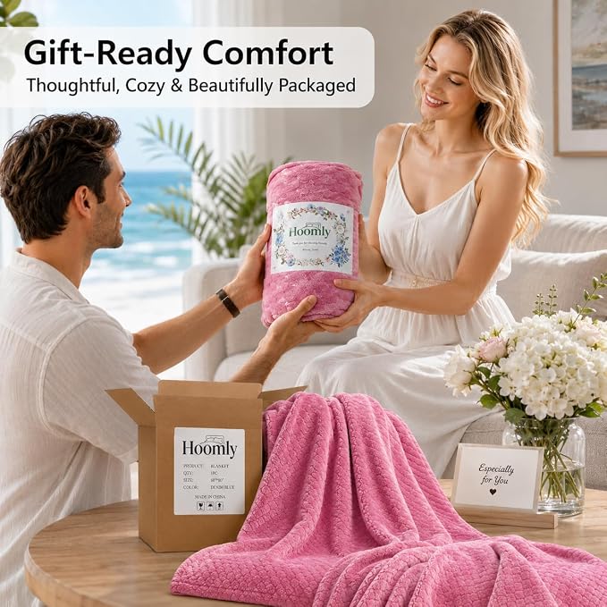Hoomly Dusty Rose Throw Blanket 60x80 Cozy Fleece for Sofa and Bedroom | Velvety Flannel Feel, Single Layer 3D Jacquard, Couch Bed Office Car Travel, Romantic Decor, Low Shed, Machine Washable