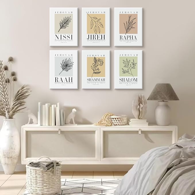 Bible Wall Art Print Set of 6 Christian Scripture Wall Art Decor Jehovah Jireh Rapha Shalom Shammah Nissi Raah Wall Art Bible Verse Poster Modern Minimalist for Bedroom Home 12x16 Inch Wrapped Canvas