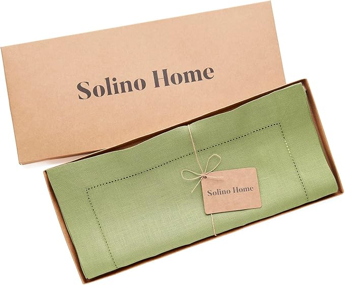 Solino Home 100% Pure Linen Table Runner Moss Green Hemstitch, 14 x 132 in | Classic Hemstitch, dresses up dining tables for everyday meals, hemstitched border, mitered corners, soft, OEKO-TEX Certified