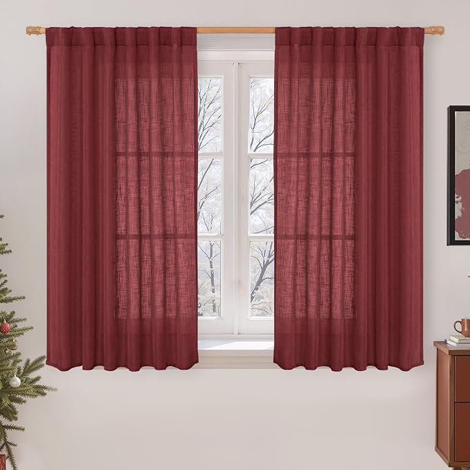 Burgundy Red Linen Curtains 54 Inch Length 2 Panels for Bedroom | Light Filtering Panels, Semi Sheer, Rod Pocket Back Tab, Neutral Drapes for Kitchen Window, Living Room, 52 x 54 Inch