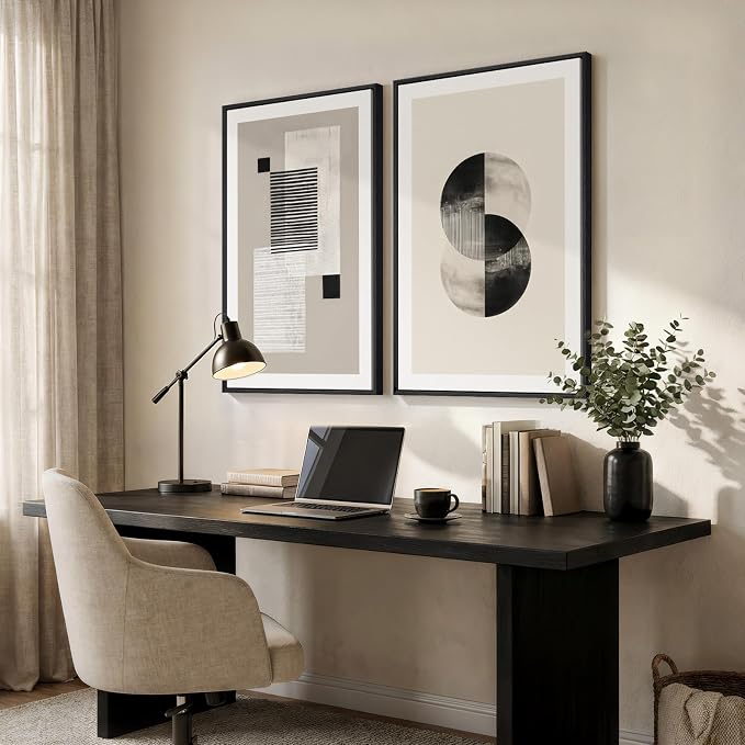 Large Framed Neutral Abstract Wall Art for Living Room Set of 2, 24x36 In | Geometric, Canvas prints, Modern paintings, Black and White, Beige, Minimalist pictures, Wood frame, Bedroom wall decor