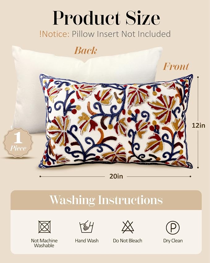 Embroidered Lumbar Pillow Cover - 20x12 Decorative Pillow Cover with Zipper Aesthetic Cute Design Boho Spring Summer Throw Pillowcase for Living Room Couch Sofa Bed, Fall Flower