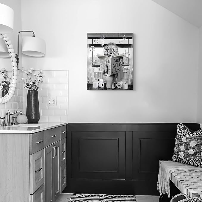 Parylore Funny Lion Wall Art Black and White Lion Bathroom Print Farmhouse Bathroom Animals Wall Decor Lion Sitting in Toilet Reading Newspaper Painting Framed Artwork for Toilet Bathroom 16x24 inch