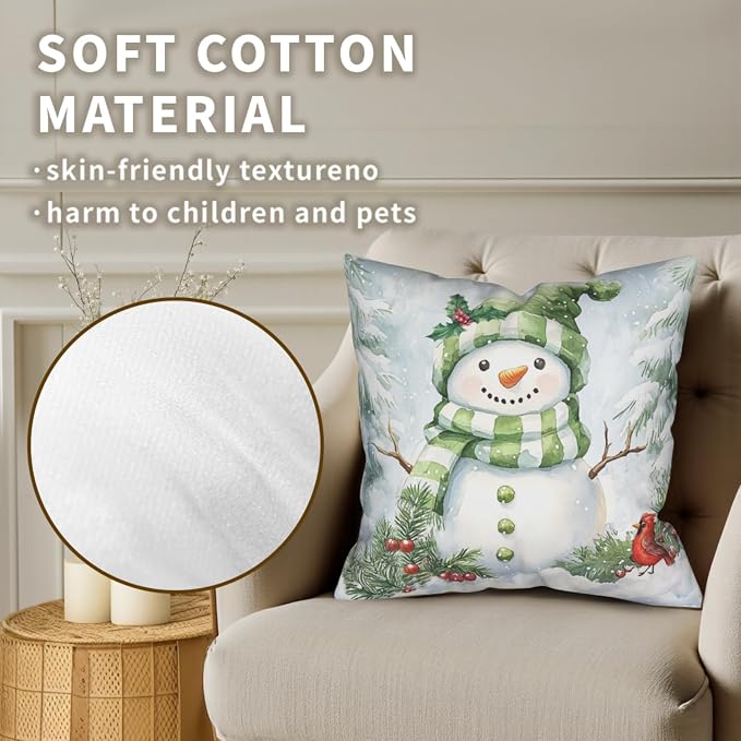 Set of 2 Winter Pillow Covers 24x24 Green Snowman Pine Tree Holly Berry Cardinal Bird Throw Pillow Covers Holiday Pillow Case for Home Decor Couch Sofa