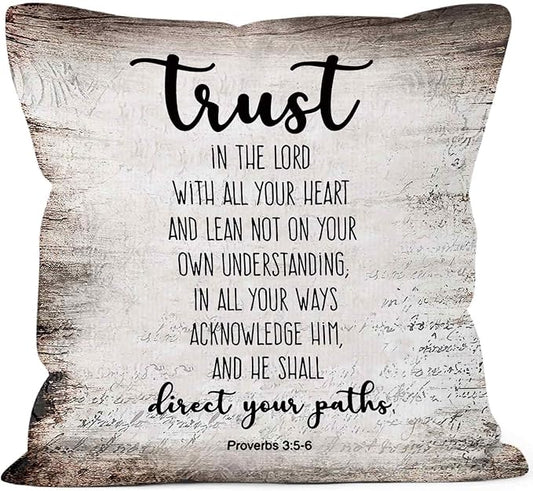Vintage Christian Bible Verse Trust in the Lord Throw Pillow Covers 18x18, Rustic Scripture Proverbs Decor Pillow Cases for Bedroom Living Room, Religious Pillowcases for Couch Bed Sofa