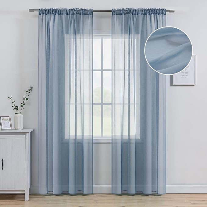 MIULEE Semi Transparent Dusty Blue Linen Textured Sheer Curtains 54W×72L | Semi Transparent, Farmhouse, Window Net Panels with Rod Pocket for Bedroom Living Room