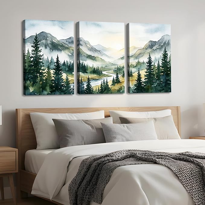 Large Forest Canvas Wall Art for Bedroom Living Room - 3 Piece Greenery Sunrise Mountain Landscape Pictures, Nature Wall Decor for Master Bedroom Office, Abstract Trees Painting Prints, Gallery Wrapped 16x24 Inch