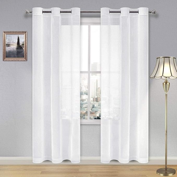 DWCN White Faux Linen Sheer Curtains - Grommet Voile Window Curtain Drapes for Bedroom Living Room 42 x 84 inch Length, Set of 2