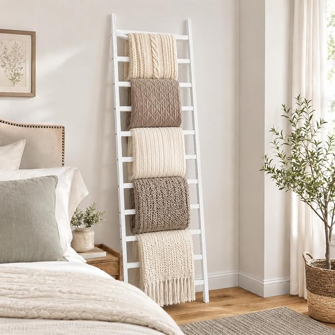 FUIN Blanket Ladder, 24 in Wide 11-Rung Solid Wood Rustic Decor Rack, White | 11 rungs and 24in wide, Solid wood visible grain, Angled lean-to design, Anti-slip support, Living room and bathroom use