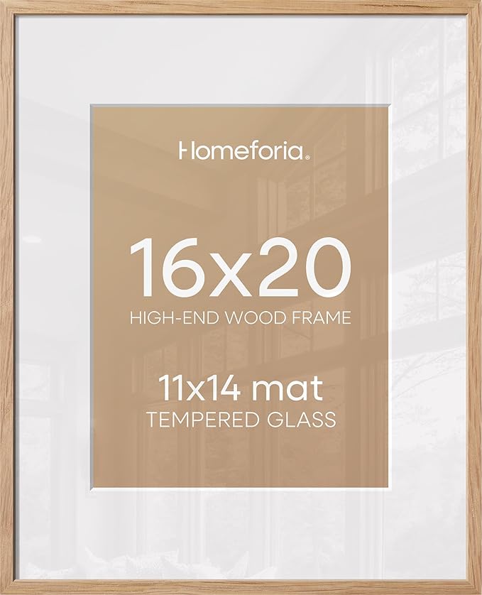 Homeforia 16x20 Natural Oak Picture Frame, High-End Wood, 11x14 Mat, Glass