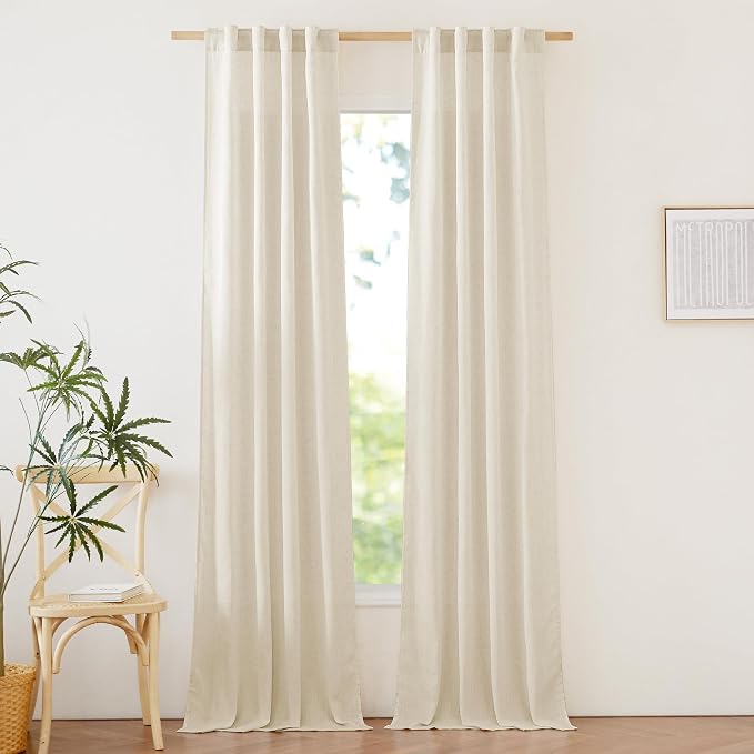 NICETOWN Thick Flax Linen Curtains 96 inches Long, Rod Pocket & Back Tab Privacy Added with Light Filtering Window Treatments for Bedroom/Living Room, Natural, W34 x L96, 2 Panels