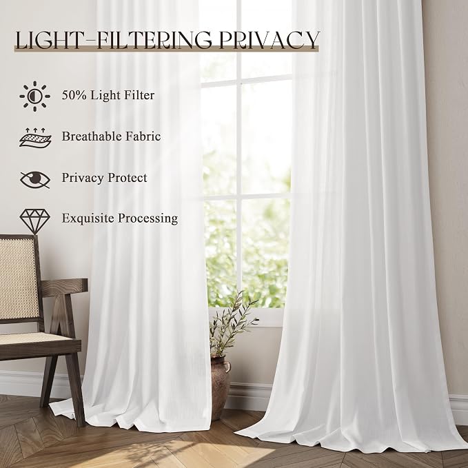 Jowels White Linen Curtains 92 Inch Long 2 Panels for Living Room | Light Filtering Semi Sheer Curtain, Back Tab Pocket Pleated Look, Boho Farmhouse Textured Privacy Drapes for Bedroom Window