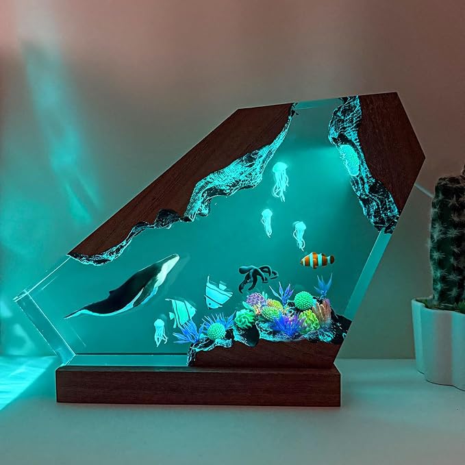 Handmade Blue Whale Resin Lamp with Wood Base