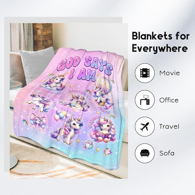 Unicorn Fleece Blanket For Girls, Women, Adults - God Says I Am Blanket For Kids - Inspirational Gift For Her & Daughter - Soft Plush For Couch, Office - 40"x50"