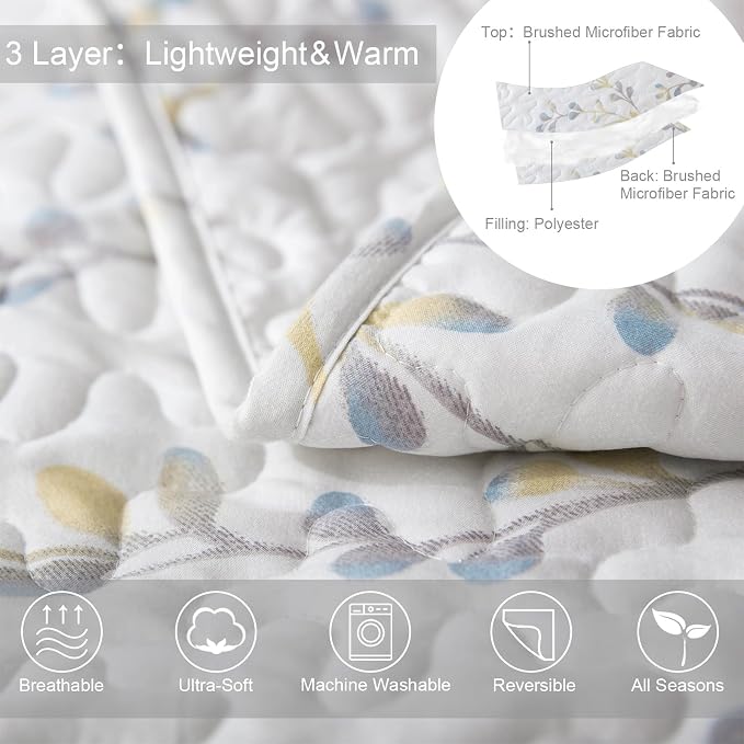 Exclusivo Mezcla Reversible Boho California King Quilt, White | Lightweight Soft Bedspreads, All Season Flowers Coverlet Bedding Set, Printed Floral Pattern, 1 Quilt and 2 Pillow Shams