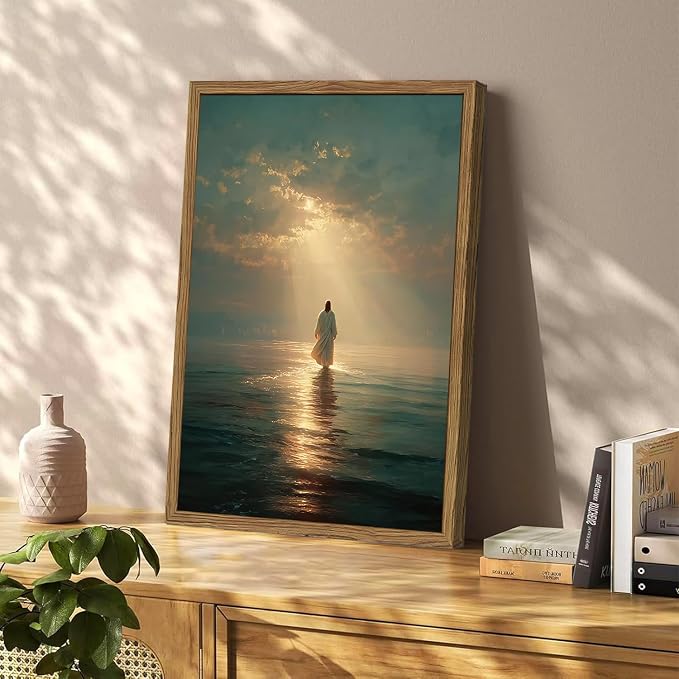 Blue Jesus Walking on Water Wall Art, Christian Wall Decor Paintings, Religious Savior Poster Canvas Print Pictures Artwork for Living Prayer Room Bedroom 12x16 in Wood Framed