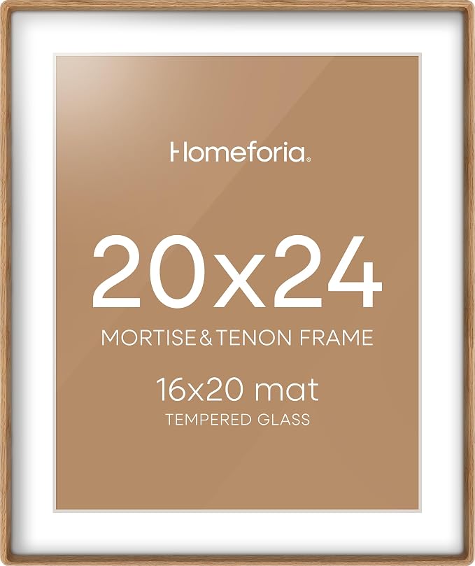 Homeforia 20x24 Mortise&Tenon Natural Oak Picture Frame, 16x20 Mat, Glass