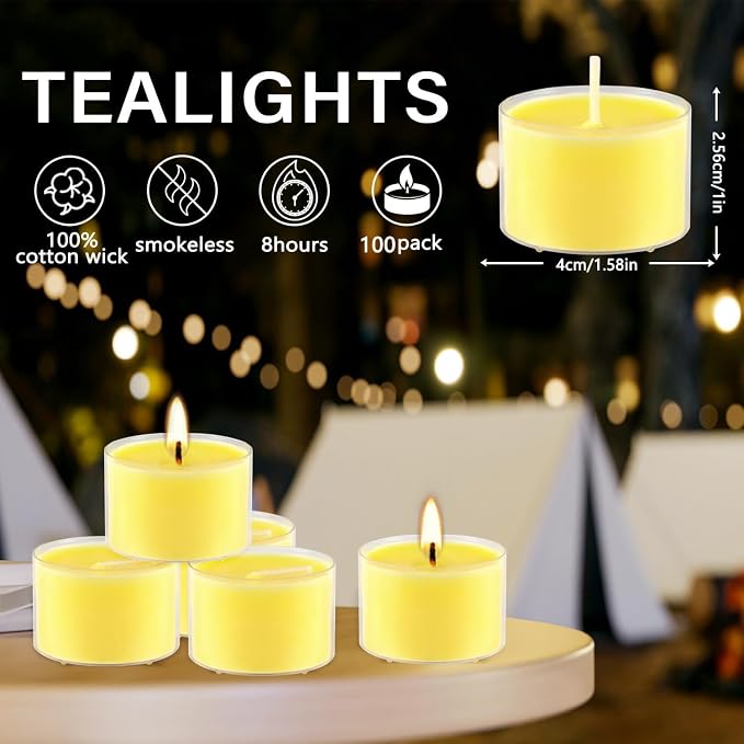 100 Pack Clear Tea Lights Candles Bulk, Summer Citronella Candle Outdoor and Indoor, for Birthday Emergency Home Garden(8 Hour, Yellow)