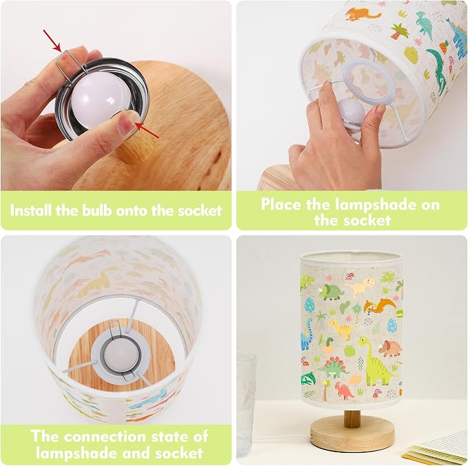 WSYEAR Bedside Table Lamp for Bedroom with Dinosaur Pattern Printed Shade 3-Way Dimmable Small Lamp with Wood Base for Living Room, Desk, Dorm, Home Office