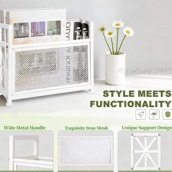 Magazine Holder Floor, White Magazine Rack, Metal Magazine Rack Floor | Mesh Magazine File Holder, Magazine Stand for Desk, Mesh Magazine File Holder, Magazine Newspaper Storage Basket