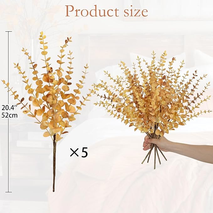 GnFlus 5 Pcs Artificial Eucalyptus Stems Fall Eucalyptus Leaves Autumn Leaf Branches Fall Decorations with Foam Fall Leaves for Home Floral Arrangement Autumn Festival Thanksgiving Decor Yellow
