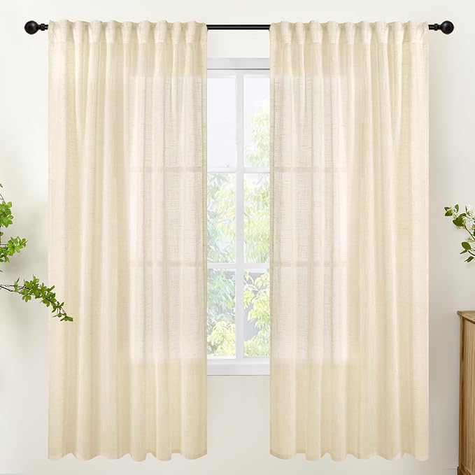 YoungsTex Linen Semi Sheer Curtains 72 Inch Length Cream Beige Drapes | Light Filtering Drapes Textured with Rod Pocket Back Tab Lightweight for Bedroom Living Room Window, 2 Panels, 52 X 72 Inch