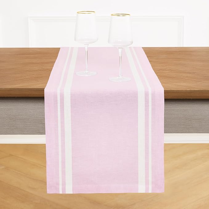 Solino Home 100% Pure Linen Table Runner, 14 x 90 in, White and Pink Stripe | French Stripe, dresses up dining tables for everyday meals, European flax fibres, machine washable, soft, OEKO-TEX Certified
