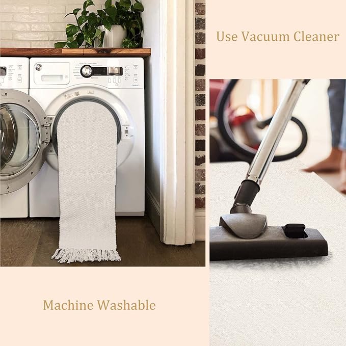 Lahome Boho Bathroom Rugs, 3x5 Washable Area Rug for Kitchen Bedroom Entry | Bath Door Mat with Tassels Woven Cotton, Farmhouse White Beige Low Pile Throw Carpet for Entryway Living Room Laundry Decor
