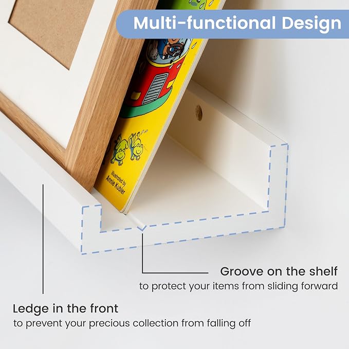 Picture Ledge Shelf for Wall, 16 inch Solid Pine Wood Nursery Book Shelves 2 Packs, Floating Ledge Shelves for Kids' Room Bedroom Bathroom Living Room Photo Frames Office Nursey Wall Decor, White