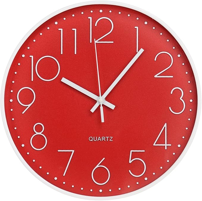 Wall Clock 10 Inch Non-Ticking Silent Modern Simple Style Round Decor Clock Red Stereoscopic Dial Quartz Wall Clocks for Home/Office/School/Living Room/Bedroom/Kitchen