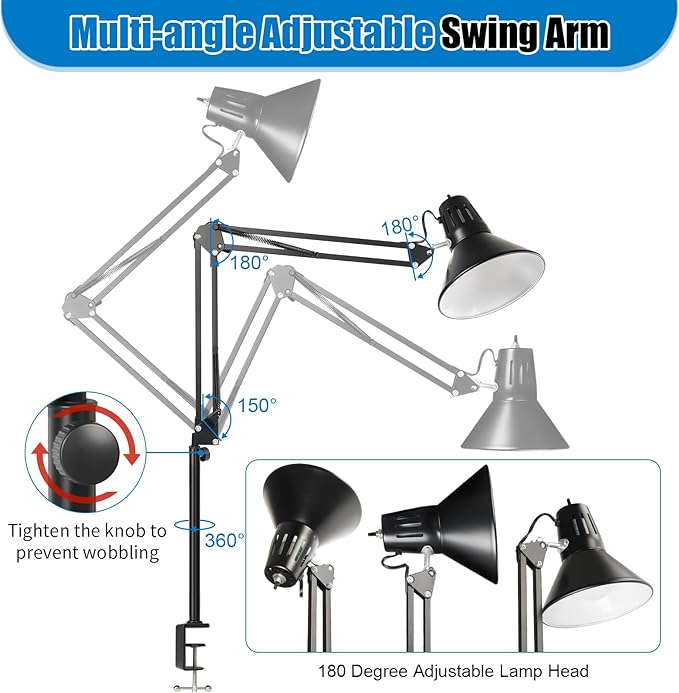 LED Clamp on Desk Lamp, 360°Adjustable Swing Arm Desk Lamp