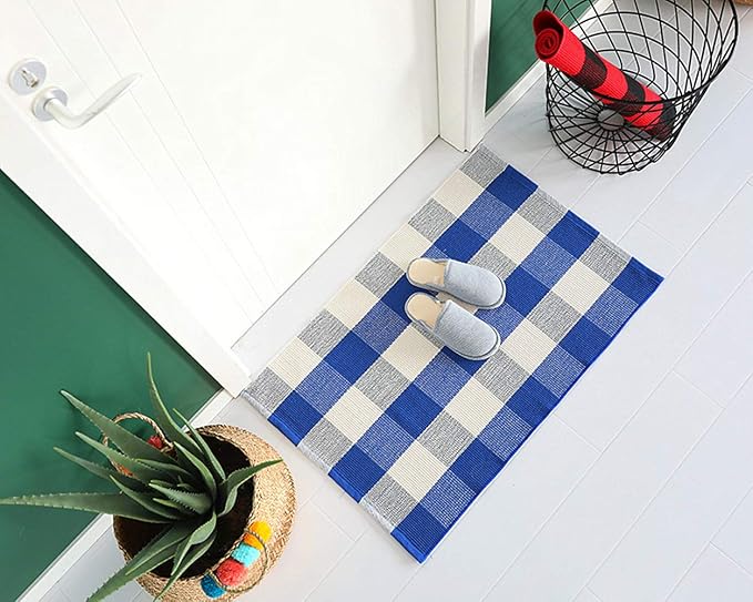 LEVINIS Farmhouse Doormats 51.2''x23.6''- Cotton Hand-Woven Blue Buffalo Plaid Outdoor Rug/Kitchen Rugs/Bathroom Rug/Laundry Room Rug, Front Porch Décor