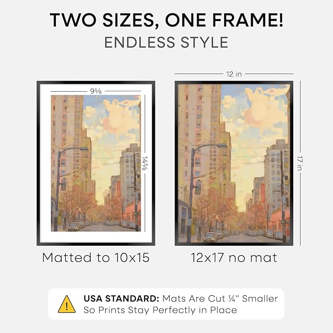 Homeforia 12x17 Black Picture Frame, High-End Metal, 10x15 Mat, Glass