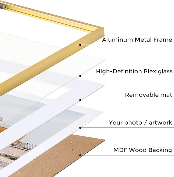 Fun Memories 8x10 Inch Metal Picture Frame - Aluminum Photo Frames - 5x7 Mat - Ideal for Wall or Tabletop Display - Wall Hook Hanging Hardware Included - Gold - Set of 1