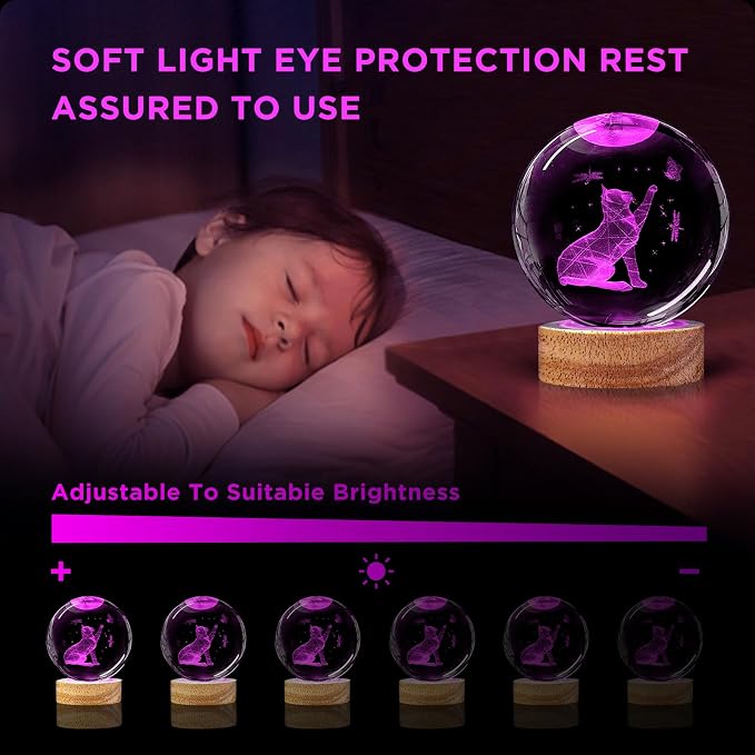 3D Cat Crystal Ball Night Light 3.15In Cat Figurines Glass Ball Lamp with 16 Color and Remote Birthday Christmas Gifts for Women Girl Friends Cat Lover Decor