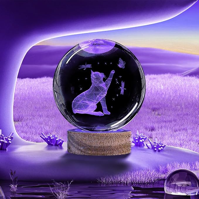 3D Cat Crystal Ball Night Light 3.15In Cat Figurines Glass Ball Lamp with 16 Color and Remote Birthday Christmas Gifts for Women Girl Friends Cat Lover Decor