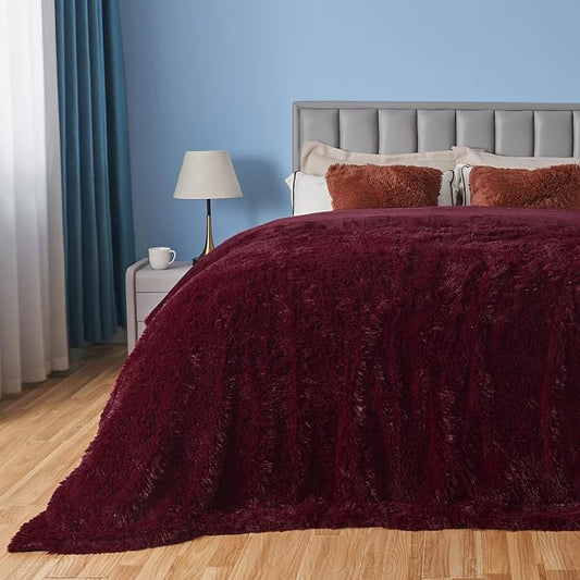 GONAAP Fuzzy Faux Fur Queen Blanket for Couch, Wine Red, 90"x90" | Warm Cozy Plush Shaggy Decorative Reversible Thick Non-Heated Fleece Blanket for Sofa Bed, Gift for Women Men, All Season Use