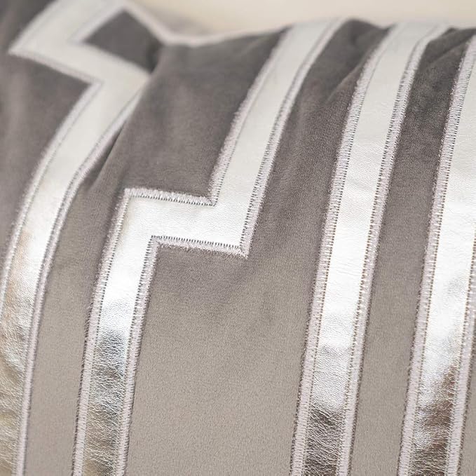 Alerfa Gold Leather Striped Gray Throw Pillow Cover 20x20 Inch, Geometric Luxury Decorative Embroidered Velvet Pillow Cover for Couch Living Room Bedroom