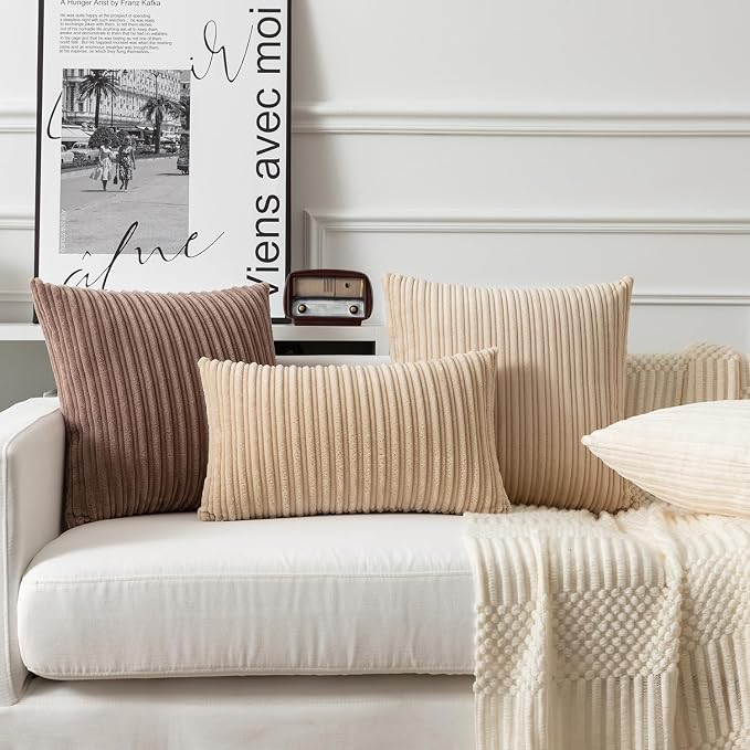 Kevin Textile Striped Corduroy 24”x24” Pillow Covers 2 Pack, Beige