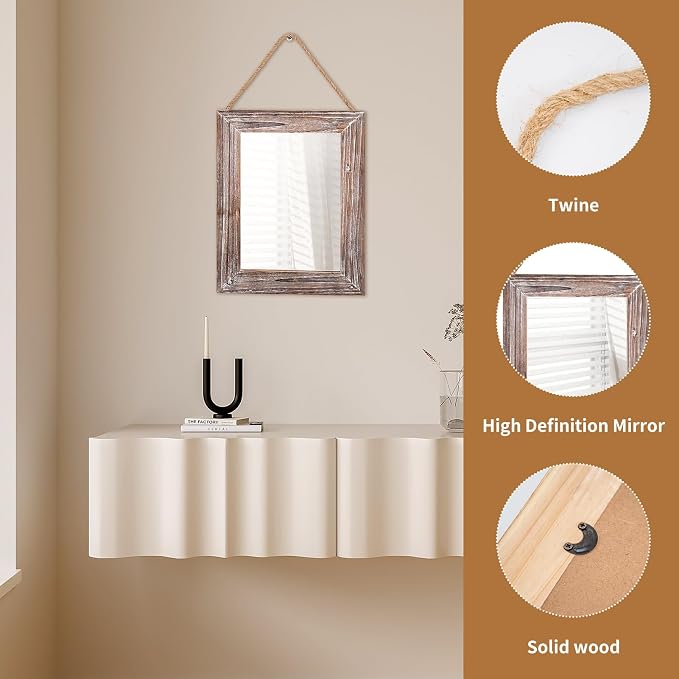 Farmhouse Wall Mirror Washed Brown Rectangle Rustic Wood Mirror 16 X 12 Inch Decorative Wood Frame with Mirror and Hanging Hemp Rope, Hanging Mirror for Bathroom Bedroom, Entryway, Dresser Wall Mirror