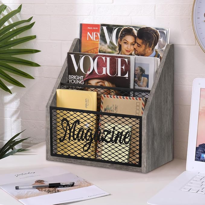 YINMIT 3 Tier Magazine Rack, Stepped Magazine Holder Floor for Home Storage | 3 Tier Stepped Design, Wood and Metal Construction, Easy Magazine Display, Book Organizer Basket for Living Room, Office