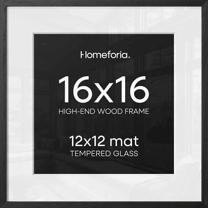Homeforia 16x16 Black Oak Picture Frame, High-End Wood, 12x12 Mat, Glass