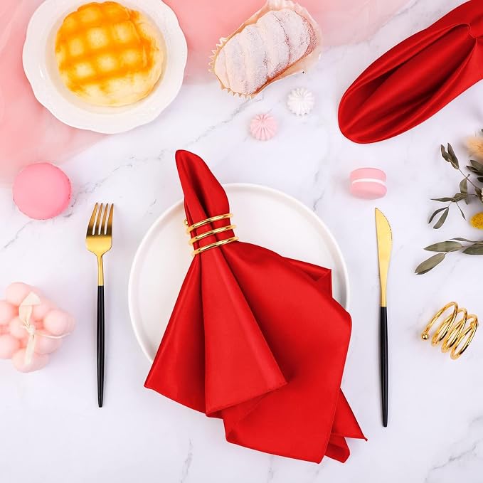 MCEAST Satin Cloth Napkins and Napkin Rings Set of 8, Smooth Fabric Table Napkins and Napkin Holder for Wedding, Birthday Dinner Party, Family Gatherings, Table Decor (Red, 17 x 17 Inches)
